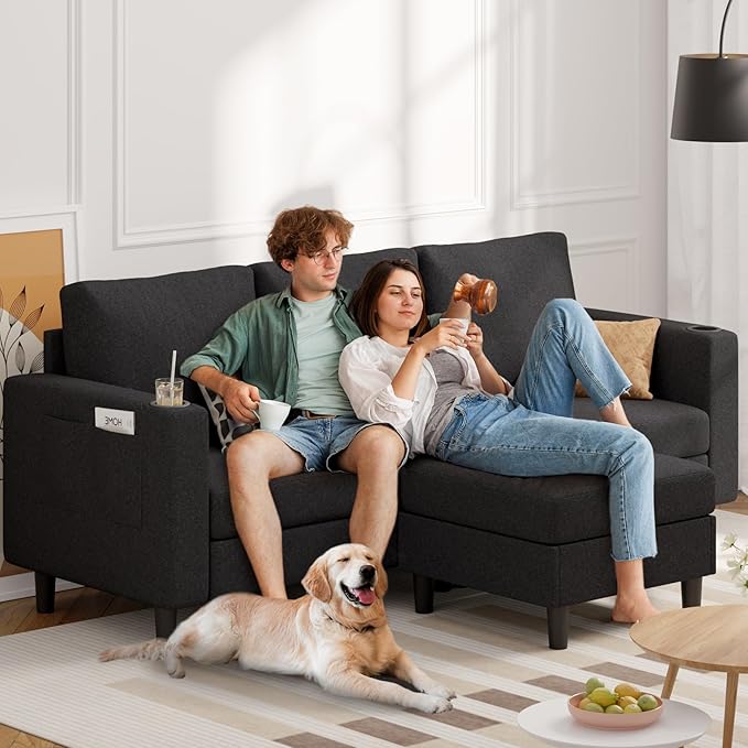 Upholstered Sectional Sofa and Couches, 78'' L Shaped 3-seat Sofa forLiving Room, Apartment, Lounge,Bedroom-Washable Covers Convertible Sofas(Linen Fabric,Black)