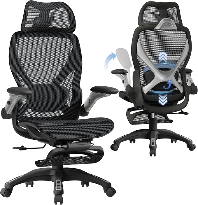 ELABEST X100 Ergonomic Office Chair with Footrest, Big and Tall Home Desk Chair with 5D Flip-Up Arms, Adjustable 3D Lumbar Support,High Back Rolling Computer Chair, Swivel Mesh Chairs (Midnight Mist)