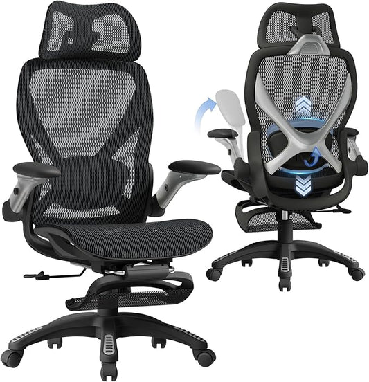 ELABEST X100 Ergonomic Office Chair with Footrest, Big and Tall Home Desk Chair with 5D Flip-Up Arms, Adjustable 3D Lumbar Support,High Back Rolling Computer Chair, Swivel Mesh Chairs (Midnight Mist)