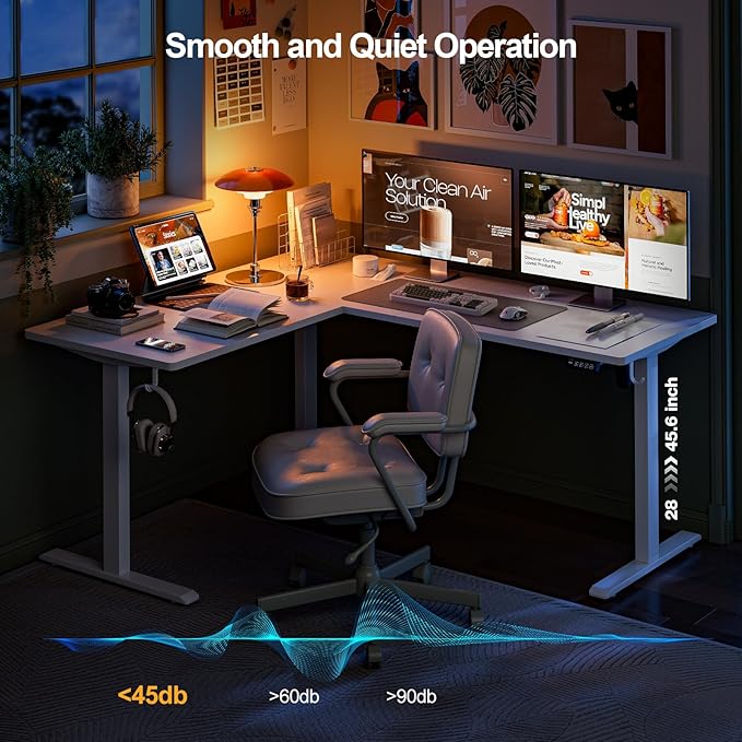 Grandder L Shaped Standing Desk Adjustable Height, Electric Standing Corner Desk, 160 x 140 cm Sit Stand Computer Table with Splice Board, White