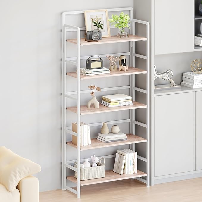 No Assembly Folding Bookshelf, 5 Tiers Collapsible Book Shelf for Home Office, Vintage Wood Foldable Bookcase Storage Organizer for Living Room Bedroom (Beige)