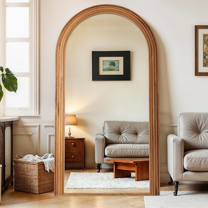 Antok Full Length Mirror 82"×44" Floor Mirror Standing Tall Mirror, Arched Stand up Large Wall Mirrors, Freestanding Full Body Mirrors for Bedroom Living Room Wood Vintage Style Brown