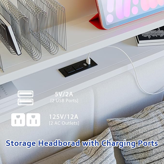 Full Size Bed Frame with LED Lights,Upholstered Headboard with Storage Shelves&Charging Station, Heavy Duty LED Bed Frame Full Mattress Foundation No Box Spring Needed, Noise Free,White