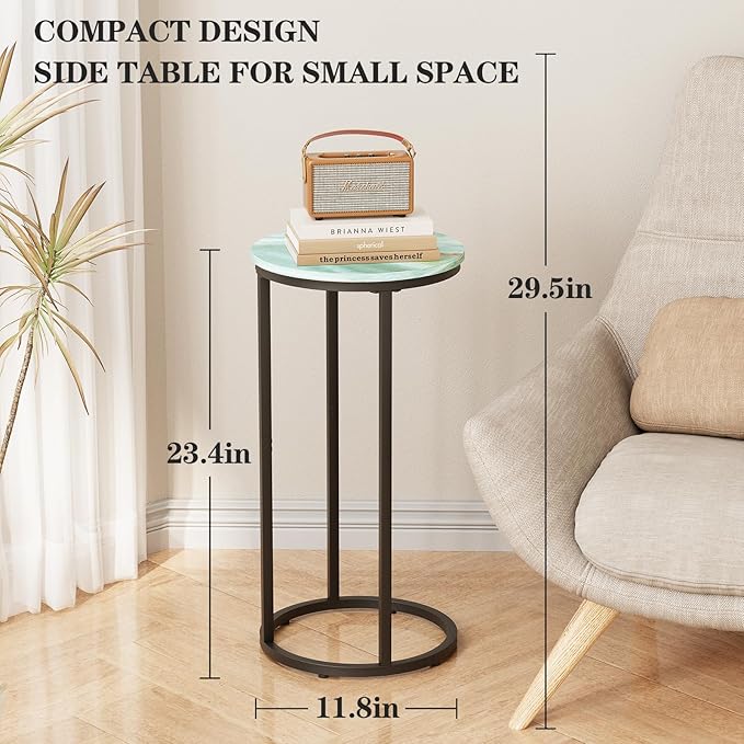 C Shaped end Table,Wood Round Side Table for Couch,Small Sofa Table with Metal Frame for Bedroom,Living Room,Bedside,Sea Blue(11.81" D x 11.81" W x 23.62" H)