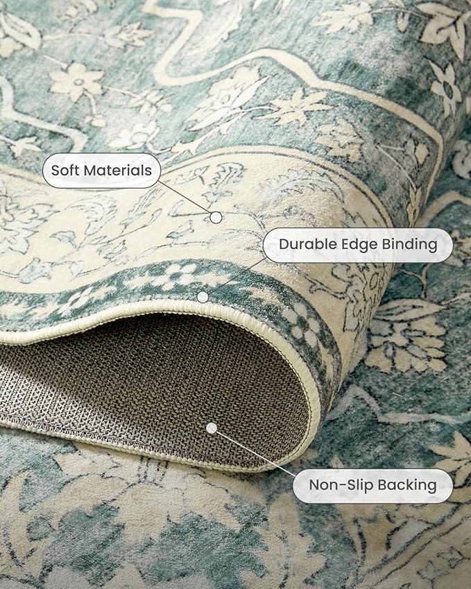 Amada 5x7 Area Rugs, Non-Slip Washable Rug with Low Profile, Durable Bound Edge, Soft Vintage Rug for Living Room, Bedroom, Dinning Room, Home Office