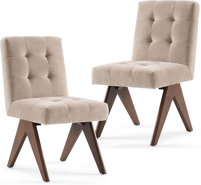 Rowill Modern Upholstered Dining Chairs Parsons Chair Linen Fabric Kitchen Chairs Tufted Armless Dining Room Chairs with Wood Legs Set of 2, Khaki