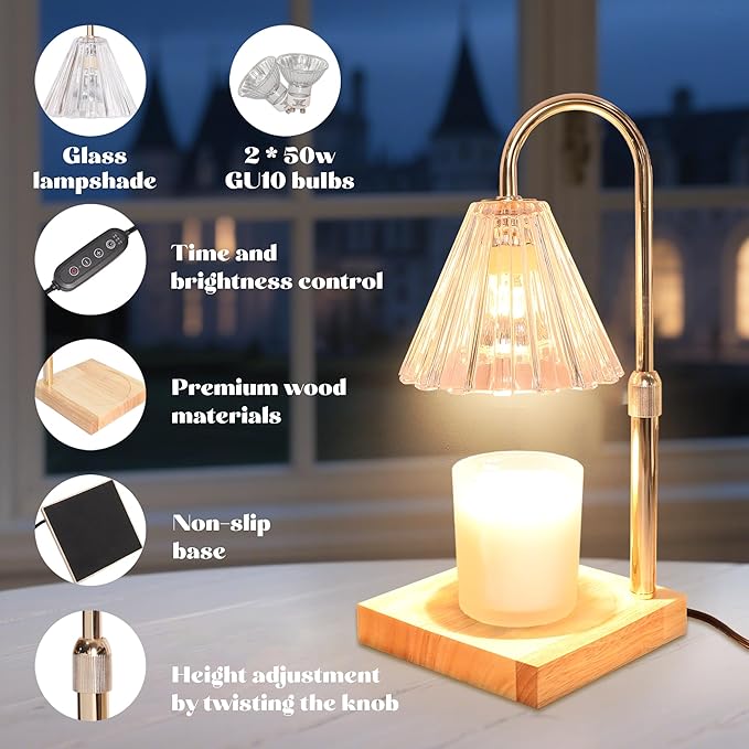 Candle Warmer Lamp with Timer Dimmable, Clear Wax Melt Warmer Adjustable Height Warmer Lamp for Jar Candles, Original Wood Base for Home Decor Birthday