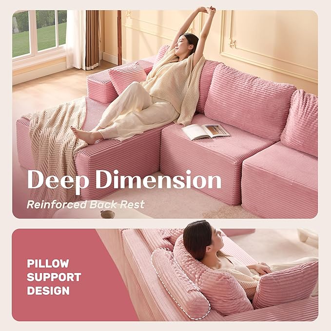 138" Boneless Couch with Deep Seat, Modular Sectional Sofa, Cloud Sectional Couch for Living Room, No Assembly Required, Corduroy, 4 Seater L-Shape Left, Pink