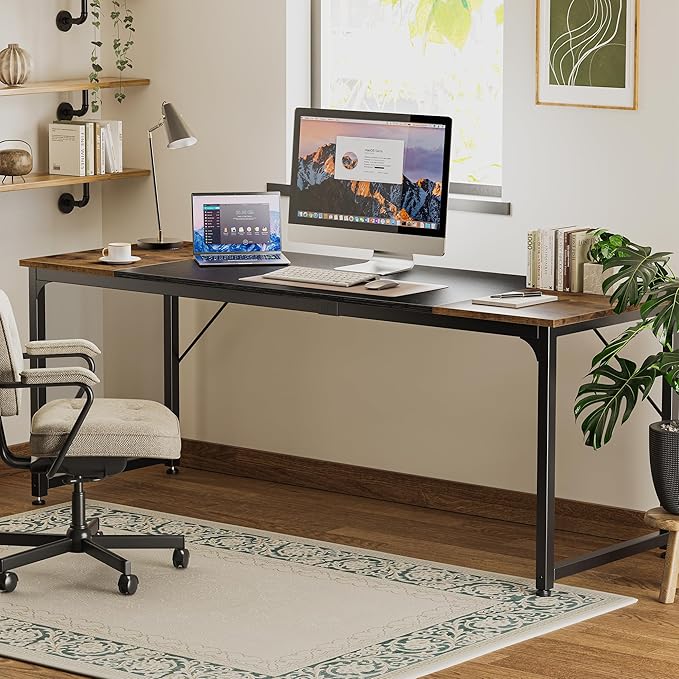 Huuger 78.7 Inch Office Computer Desk with Storage, Writing Work Desk for Home Office, Study, Gaming, Long Simple Desk, Large Legroom, Metal Frame, Rustic Brown and Black