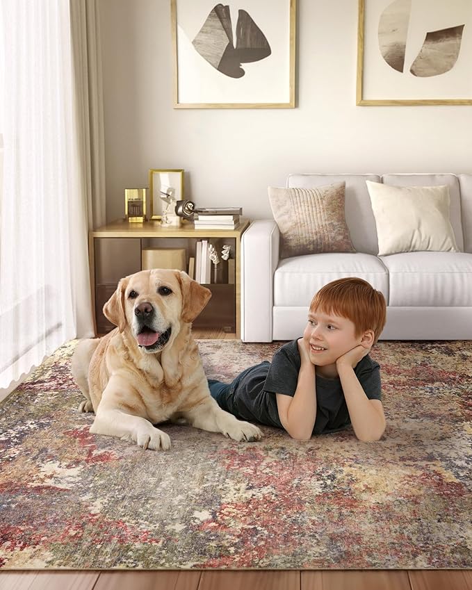 Washable Area Rug for Living Room: 6x9 Modern Abstract Neutral Soft Rug for Bedroom Dining Room No Slip Low Pile Carpet for Nursery Home Office - Red/Ivory