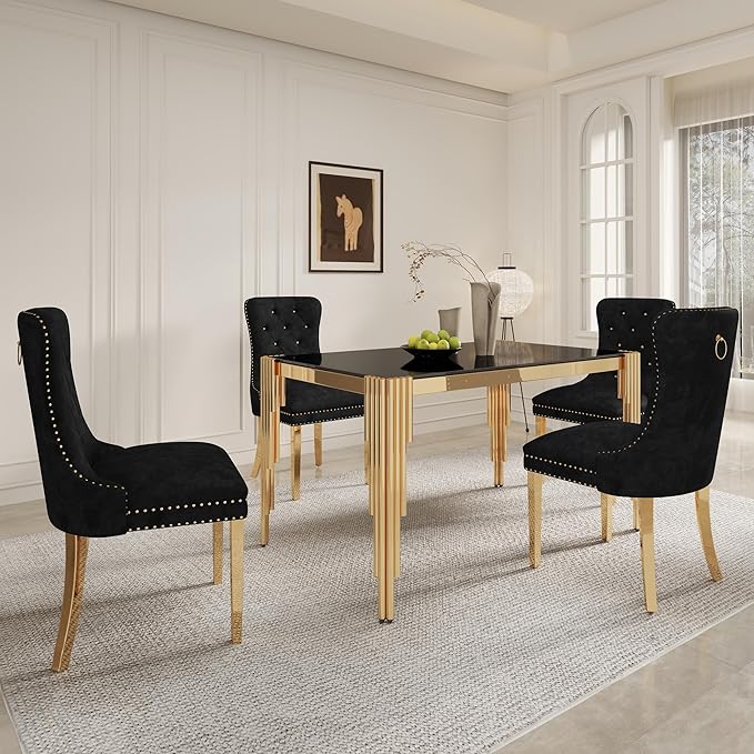 5 Piece Glass Dining Table Set, Morden Kitchen Table Set for 4 with 51" Black Glass Dining Table and 4 Black Velvet Upholstered Chairs for Kitchen, Gold Legs
