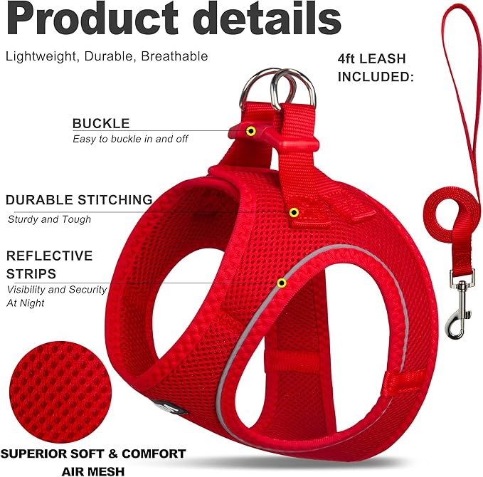 Fida Comfy Dog Harness with Leash, Soft Puppy Vest Escape Proof, Breathable Lightweight Soft Mesh, Adjustable Reflective Step-in Harness for Small Pet Walking (S, Red)