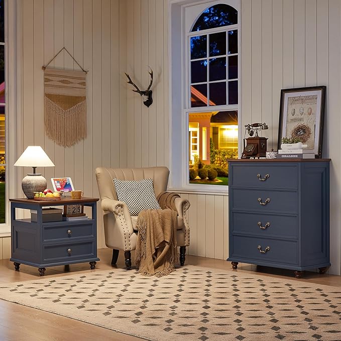 24" Wide Farmhouse Nightstand Set of 2, 54" 7 Drawers Dresser, 37" Tall Rustic Chests of Drawers, Farmhouse Furniture Series for Bedroom,DarkBlue