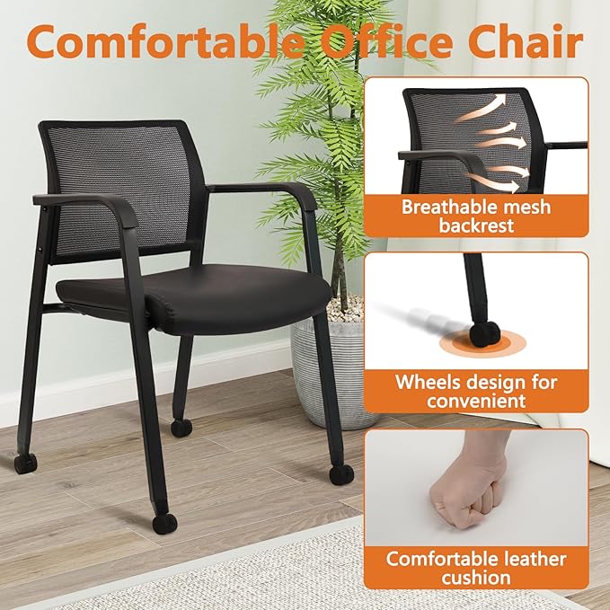 CLATINA Stacking Office Chair with Wheels, Mesh Back Waiting Room Guest Chairs with Arms Comfortable Leather Cushion Stackable Desk Chair for Conference Reception School Side Stationary, Black