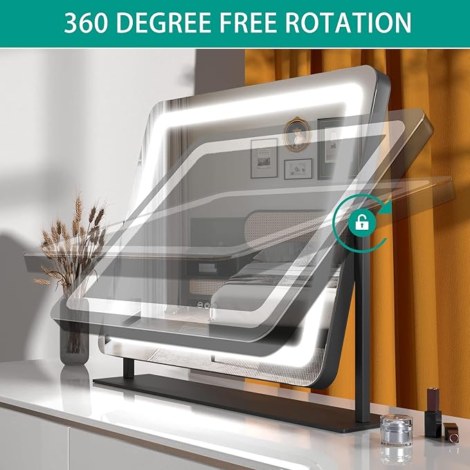 Hasipu Vanity Mirror with Lights, 24.2" x 18.9" LED Make up Mirror, Light up Mirror with 10X Magnification and USB Charging Port, Phone Holder, Smart Touch 3 Colors Dimmable, 360° Rotation (Black)