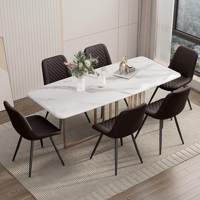 Modern Dining Chairs Set of 6, Top PU Leather Upholstered Dining Room Chairs with Metal Legs, Dark Brown