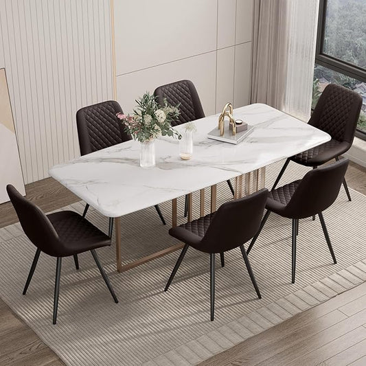 Modern Dining Chairs Set of 6, Top PU Leather Upholstered Dining Room Chairs with Metal Legs, Dark Brown