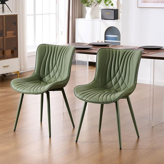 YOUTASTE Upholstered Leather Dining Chairs Set of 2 All Olive Green, Mid Century Modern Comfy Kitchen Dining Room Chair, Green Metal Legs, Armless Accent Chair for Living Room Bedroom