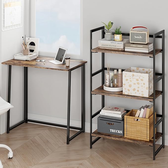 BHG Vintage Multifunctional Folding Bookshelf, No-Assembly Plant Stand Storage Rack Shelves for Home Office (Fire, 3-Tier)