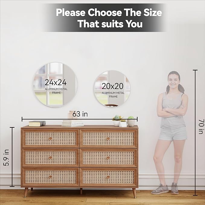 24" Round Mirror Circle Wall Mounted Hanging or Against Wall Aluminum Alloy Metal Frame Dressing Make-up Mirrors for Entryway Bedroom Bathroom Living Room 24 inch Black