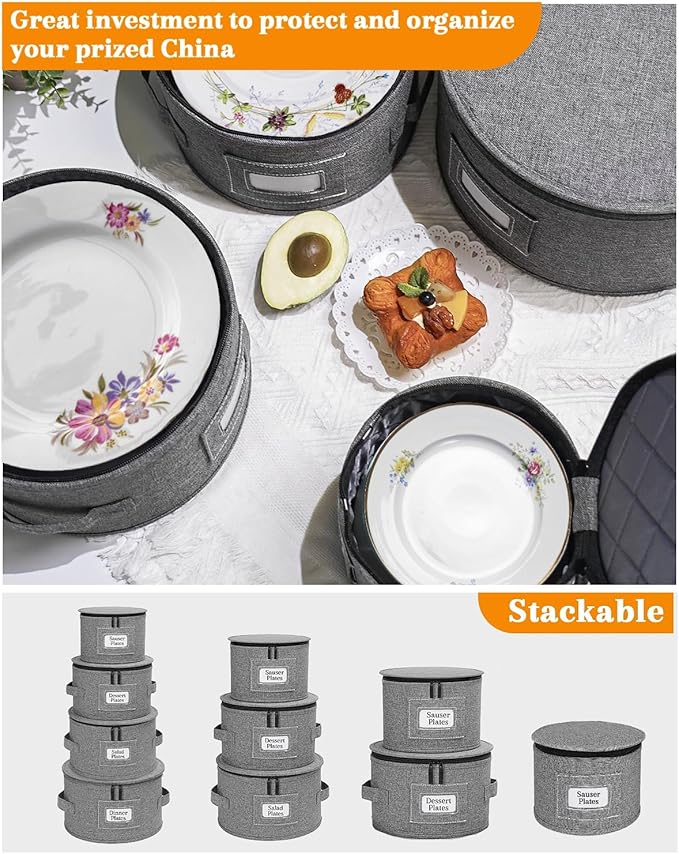 punemi China Storage Containers, Dish Storage with Rigid Top Side Bottom Support & Felt Dividers for Charger Plates Dinnerware, Perfect for Moving Supplies, 4 set Stackable Fine China Storage, Gray