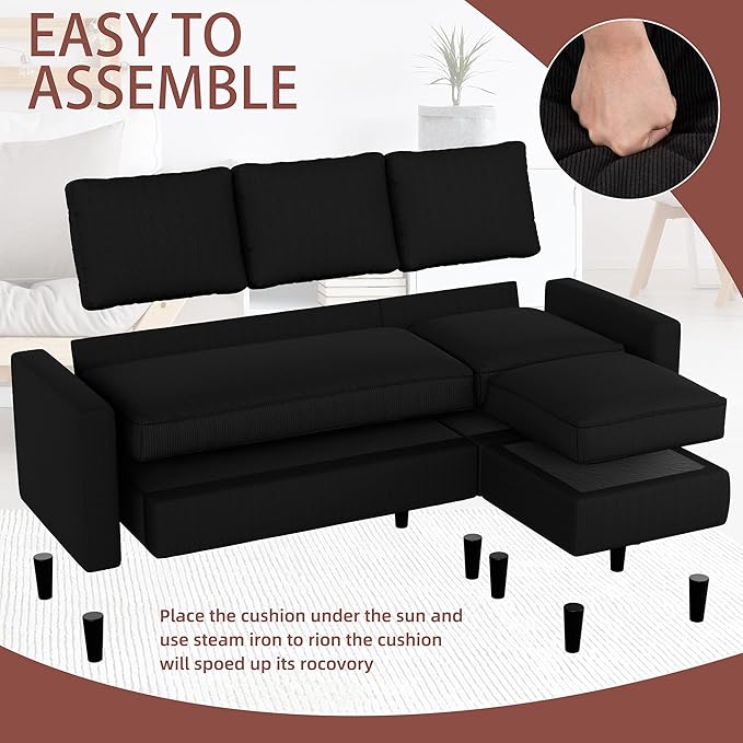 Nuturelly Convertible Sectional Sofa Couch with Movable Ottoman, 3-Seater Modern L-Shaped Sofa for Small Spaces, Soft Fabric Couch for Living Room, Small Apartment & Office(Black)