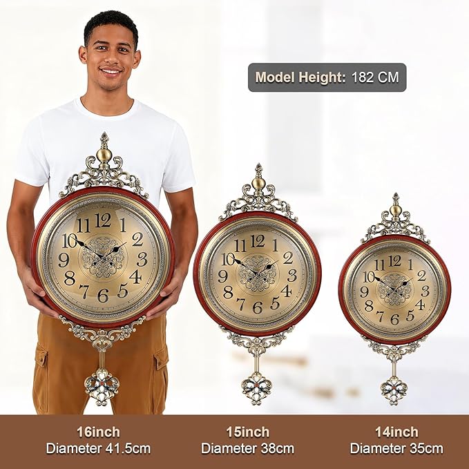 Vintage Wall Clock with Pendulum, 14 Inch Dial Diameter, 26.8 Inch Overall Height, Large Retro Metal and Glass Silent Clock for Living Room, Antique Wood Pendulum for Dining Room Office Home Decor