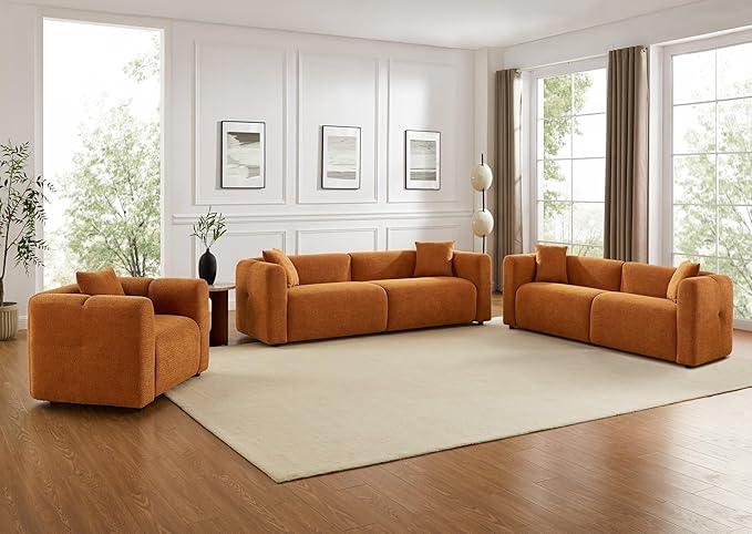 VANOMi Living Room Furniture Sets Include 95" Sofa & 42" Armchairs, Boucle Upholstered Oversized Couch with Pillows, Living Room Furniture Set for Bedroom Apartment (Curry, 2 Sofas+1 Chair)
