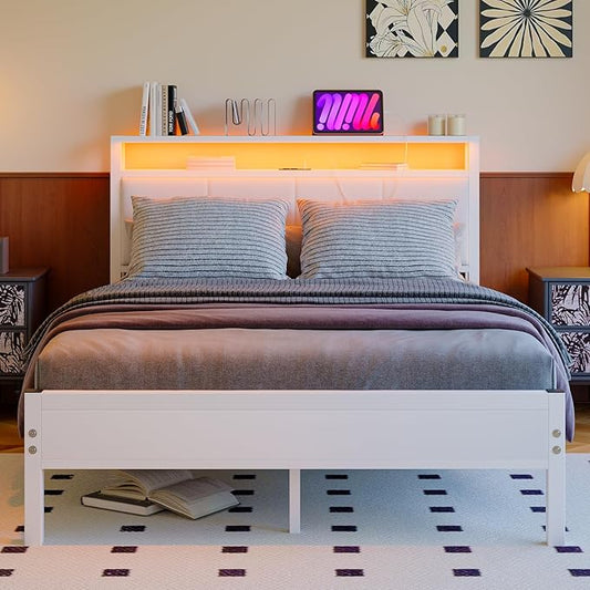 Full Size Bed Frame with LED Lights,Upholstered Headboard with Storage Shelves&Charging Station, Heavy Duty LED Bed Frame Full Mattress Foundation No Box Spring Needed, Noise Free,White