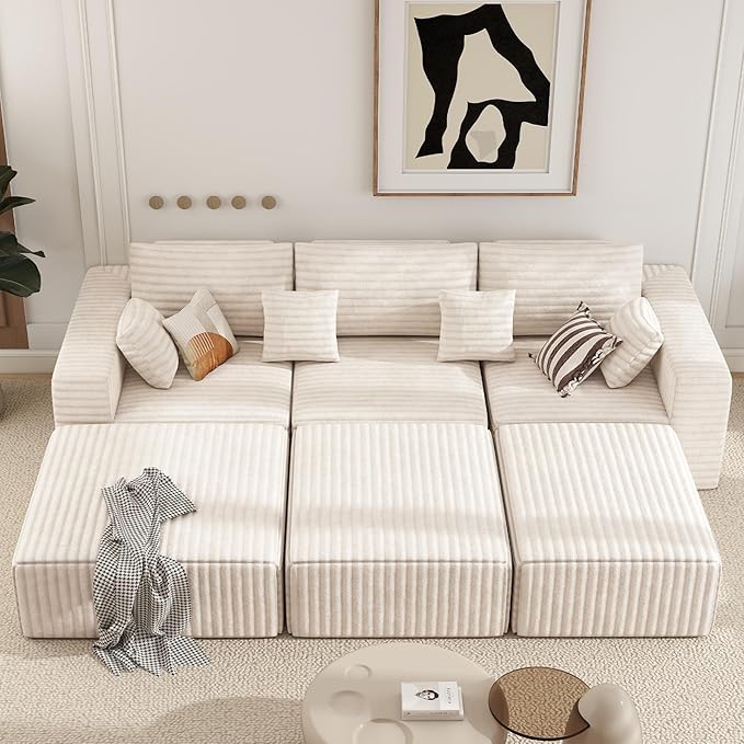 113" Modular Sectional Sofa Bed, Convertible Cloud Couches for Living Room with Ottoman, 6 Seater Corduroy Boneless Couch Sleeper Sofa Set, No Assembly Required, Beige 1 PCS