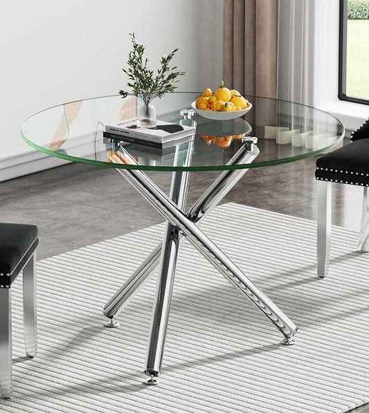 36" Round Dining Table for 4, Modern Clear Glass Kitchen Table for 4 with Silver Cross Metal Legs, Contemporary Small Circle Dining Room Leisure Tables for Kitchen Apartment