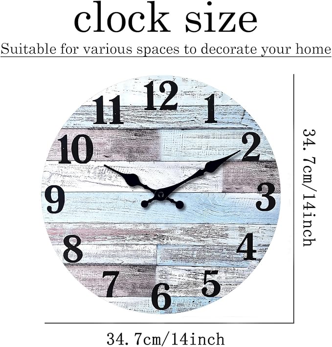 XNM Blue Wood Wall Clocks Battery Operated 14 Inch Rustic Wall Clock Non Ticking Analog Clock for Bedroom(MDF No Solid Wood)