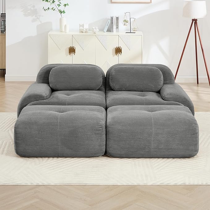 80" Modern Compressed Boneless Love Seat Couches with 2 Ottomans, 2 Seater Large Sectional Couches for Living Room, Gray Corduroy Cloud Modular Sectional Sofa, Memory Foam, Deep Loveseat, No Assembly