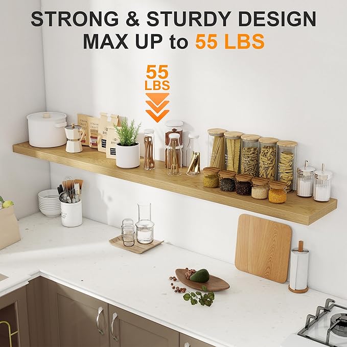 72 Inch Floating Shelves 2 Pack, 8 Inch Deep Floating Shelf Wall Mounted, Large Shelves with Invisible Bracket for Books|Storage, Rustic Wood Wall Shelf for Bedroom, Kitchen, Living Room, Oak