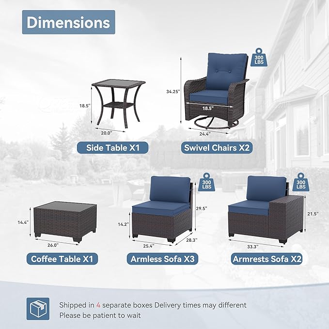 Kurapika 9 Pieces Patio Furniture Set, Rattan Wicker Sofa Set, Outdoor Conversation Sets w/Swivel Rocking Chairs Patio Sectional Sofa w/4in Cushion, Navy Blue