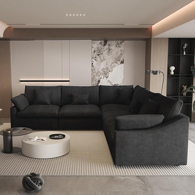 Modular Sectional Sofa,119inch V Shaped Down Filled Cloud Couch,5 Seater Convertible Sofa Living Room Set,Cover Washable and Replaceable Couches for Living Room,Black