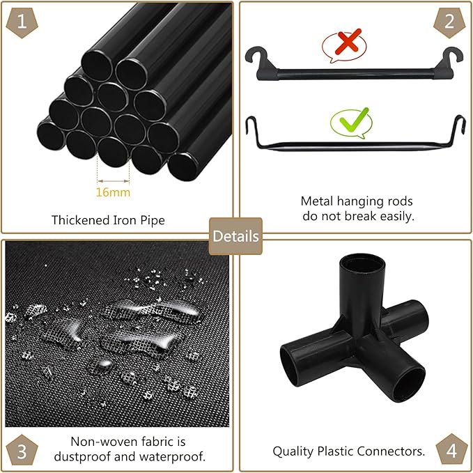 SORCEDAS Portable Wardrobe Closet Storage Organizer Metal Hanging Rack Non-Woven Fabric (Black, 51 Inch)