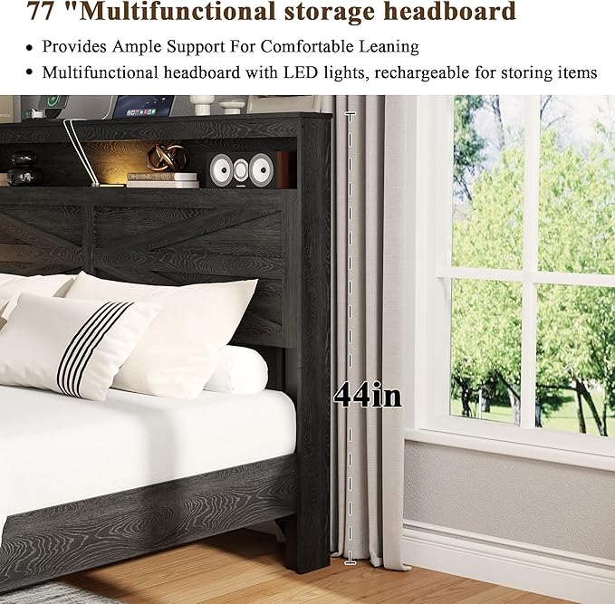 Farmhouse King Size Bed Frame with Headboard Storage Shelf, Wood Platform Bed Frame with LED Lights & Charging Station, Rustic Black Metal Bed, No Box Spring Needed, Noise-Free Sturdy Structure