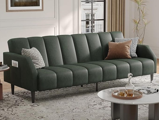 Fadware Faux Leather Couch, Convertible Futon Sofa Bed with Adjustable Backrest, Mid Century Leather Sofa Loveseat with Side Pockets& Metal Leg, Modern Leather Sleeper Sofa for Living Room Bedroom