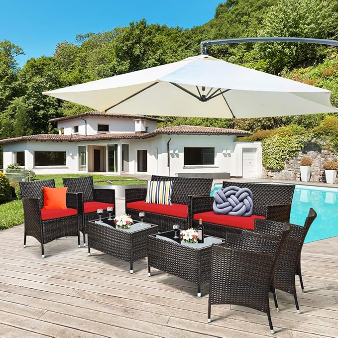 Tangkula 8 PCS Patio Rattan Conversation Set, Outdoor Wicker Furniture Set with Tempered Glass Coffee Table &Thick Cushion, Rattan Chair Wicker Set for Garden, Lawn, Poolside and Backyard (2, Red)