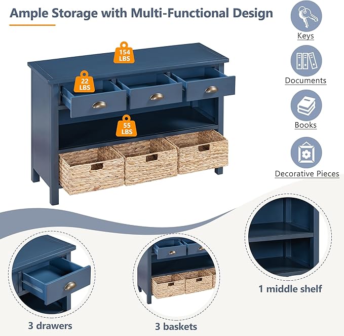 GDFStudio 47" Retro Console Table with 3 Drawers & 3 Water Hyacinth Baskets, Wooden Entryway Buffet Table with Lower Shelf, Vintage Side Board Storage Cabinet for Entryway Hallway Living Room, Navy