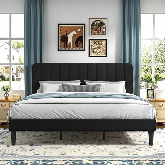 VECELO King Size Bed Frame with Upholstered Headboard, Velvet Platform Bedframe Mattress Foundation, Strong Wood Slat Support, No Box Spring Needed,Black