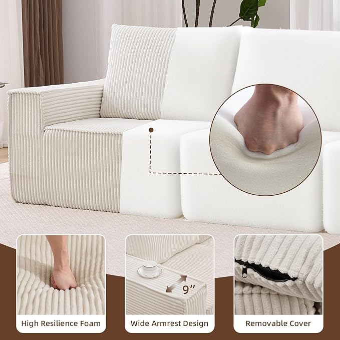 102” Boneless Modular Couch, 3 Seater Cloud Sofa for Living Room, Modern Sectional Sofa with Deep Seat, Comfy Fluffy Loveseat Couch, No Assembly Required, Beige