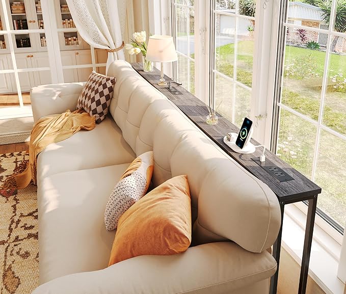 SUPERJARE 78.8 Inch Narrow Console Table with Outlet, Sofa Tables, Behind Couch Table, Long Entryway Tables with Charging Station, for Living Room, Charcoal Gray