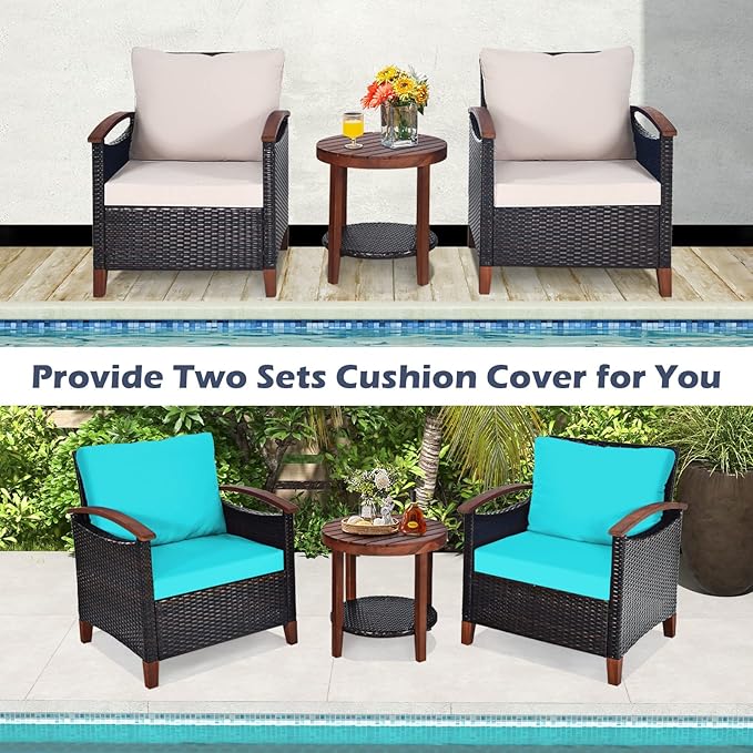 Tangkula 3 Pieces Patio Rattan Furniture Set, Outdoor Wicker Sofa Set w/Washable Cushion and Acacia Wood Tabletop, High Load Bearing Chair with Coffee Table, Conversation Furniture (Turquoise & Beige)