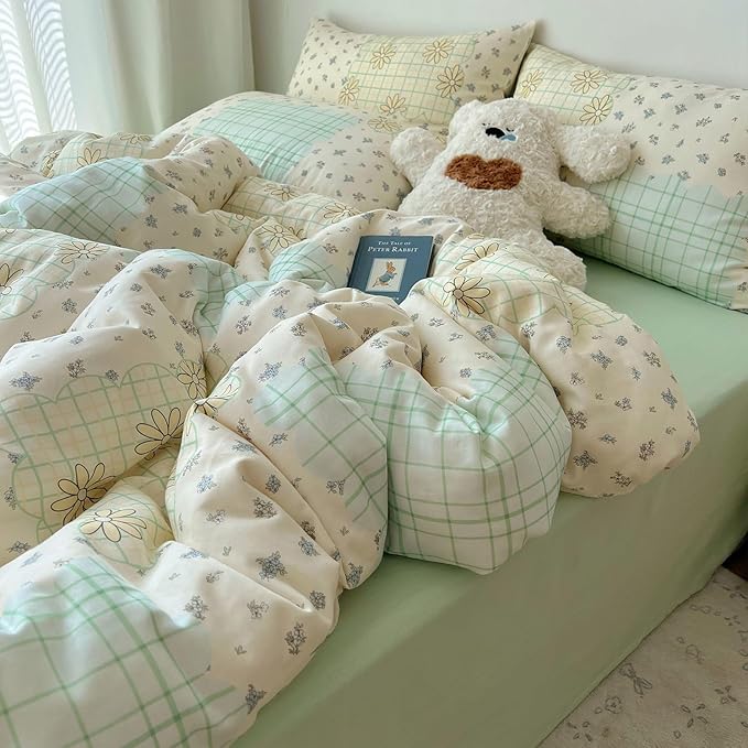 LifeTB 100% Cotton Muslin Duvet Cover Twin XL Aesthetic Floral Comforter Cover with Botanical Flower Cute Plaid Design Cottagecore Bedding Set Ultra Soft Breathable Gauze Duvet Cover for Kids Girls