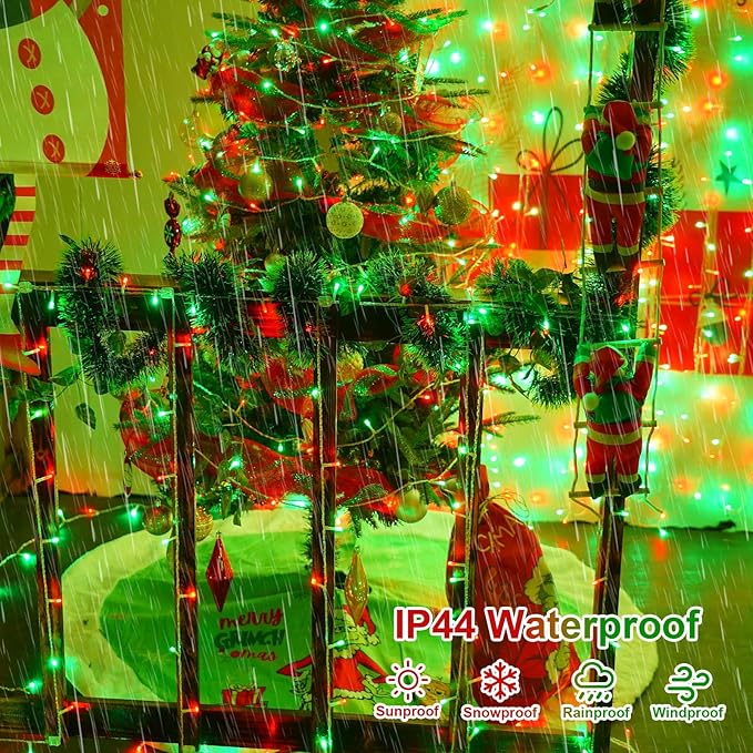 QITONG Red and Green Christmas Light Outdoor Waterproof, 165ft 500 LED Clear Wire String Lights Indoor, 8 Modes Christmas Tree Light Plug-in