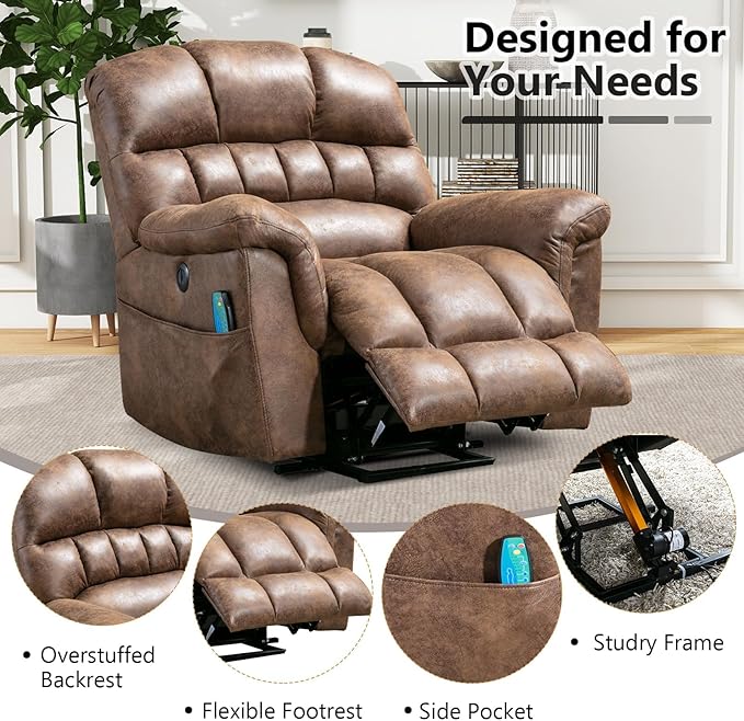 Power Lift Recliner Chair with Massage and Heat for Elderly, Faux Leather Electric Lifting Recliners with USB Port, Overstuffed Wide Reclining Sofa with Side Pockets for Living Room, Brown