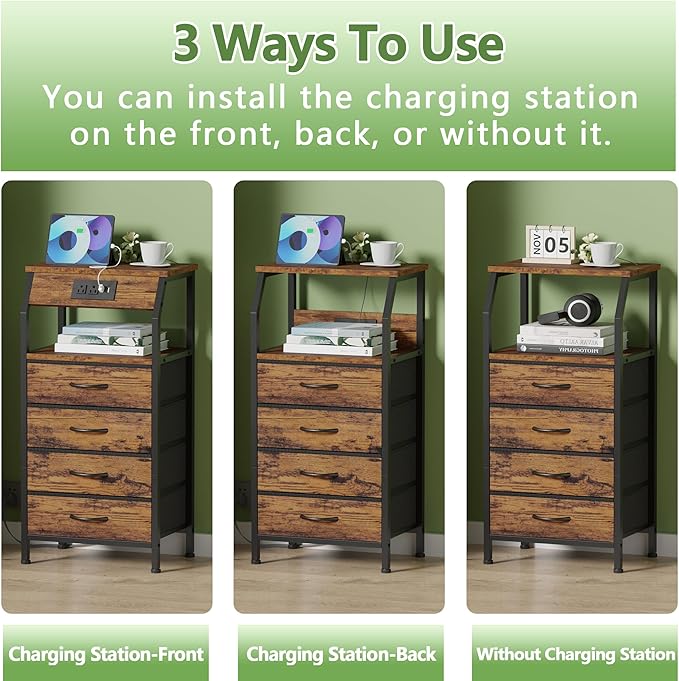 Furnulem Night Stand with Charging Station, Small Dresser with 4 Fabric Drawers, 33.3 Inch Tall Bedside Table, Storage Tower for Closet, Entryway, Bedroom Furniture, 3 Ways to Use, Rustic Brown