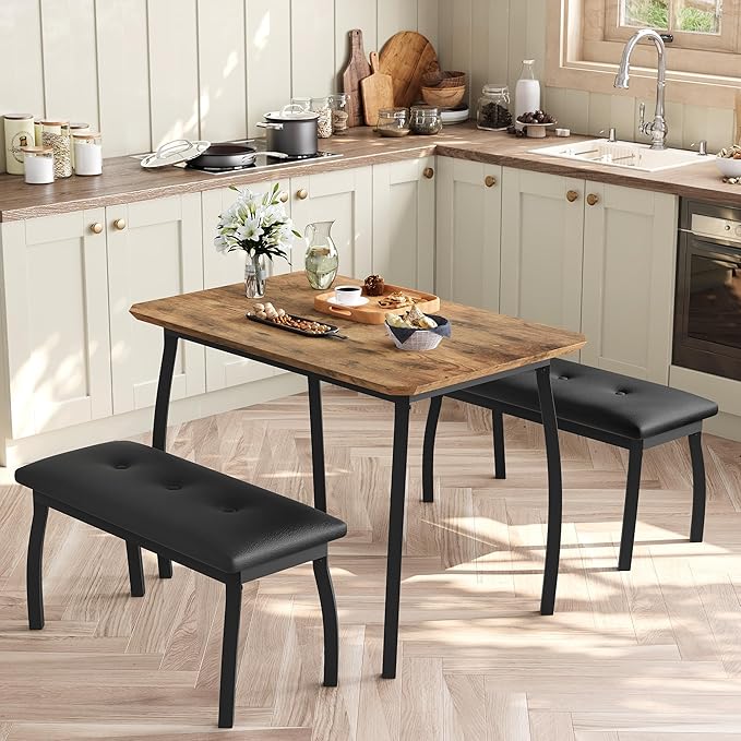 GAOMON Dining Table Set for 4, Metal Frame Kitchen Table Set with 2 Upholstered Bench, 3 Piece Dining Room Table Furniture for Apartment, Studio, Home, Easy Assembly, Retro Brown
